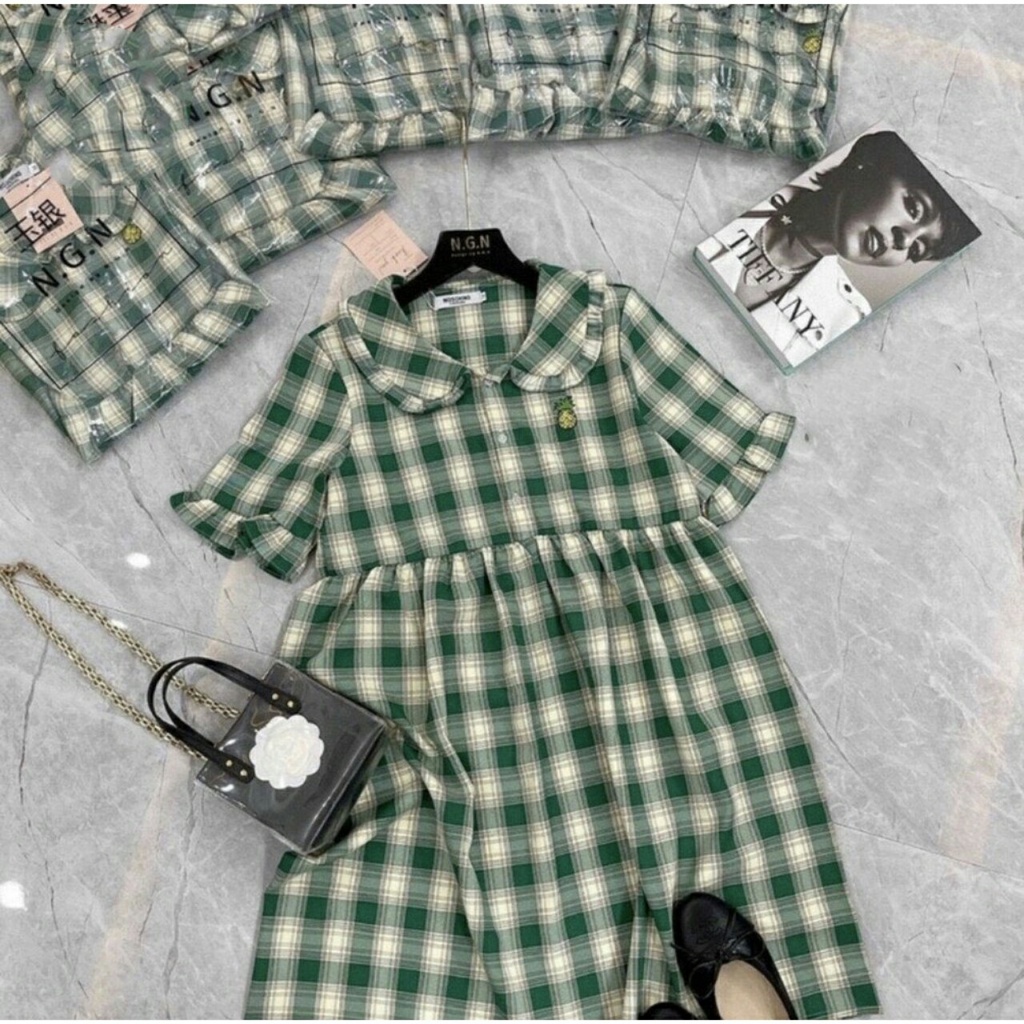 Váy Bầu Xinh Đầm Bầu Caro Cổ Cánh Sen Tay Ngắn Chất Đũi Mềm Mát Thấm Hút Mồ Hôi A087 Lin Store66