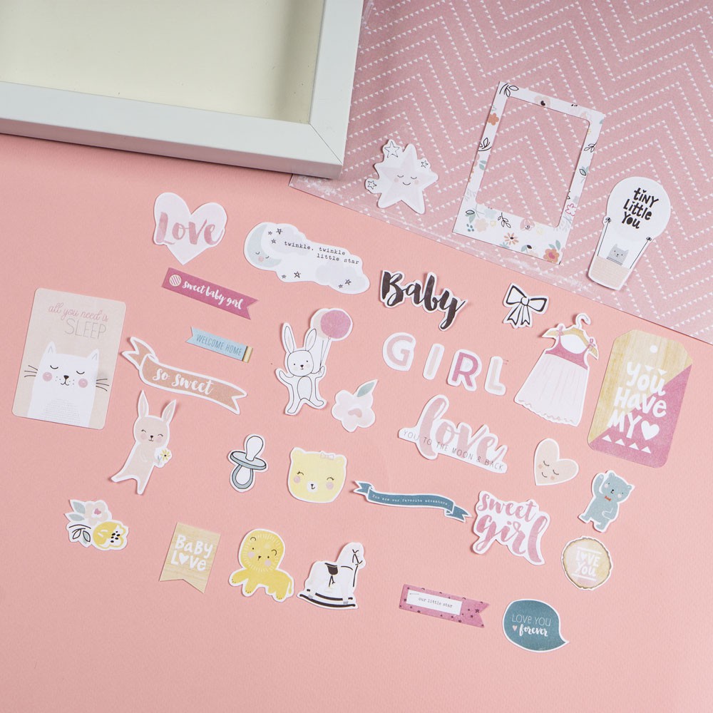 Set khung hình tự làm gồm khung kính, giấy nền và sticker - Chủ đề Baby Girl