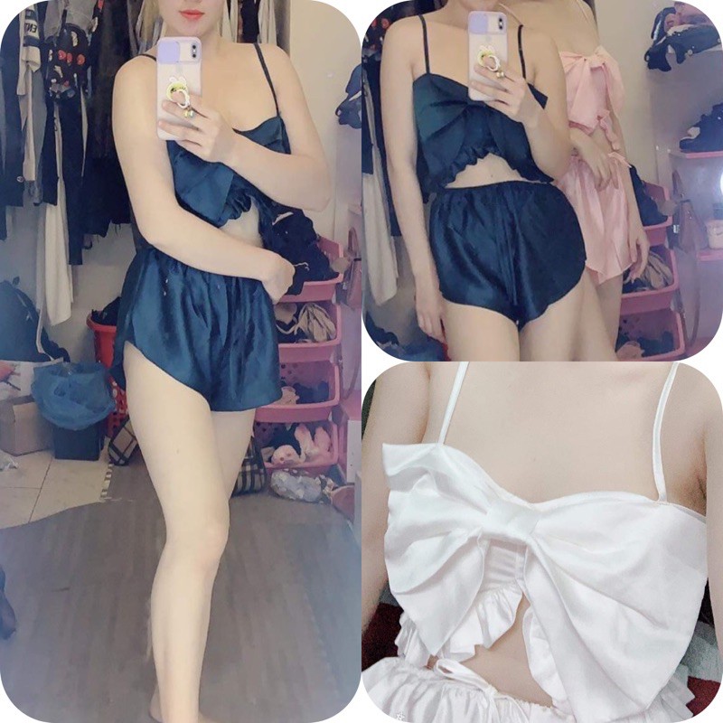 Đồ ngủ sexy 2 dây [FREESHIP] Đồ ngủ sexy 2 dây lụa phối nơ Freesize dưới 60kg - Linqu Sleepwear