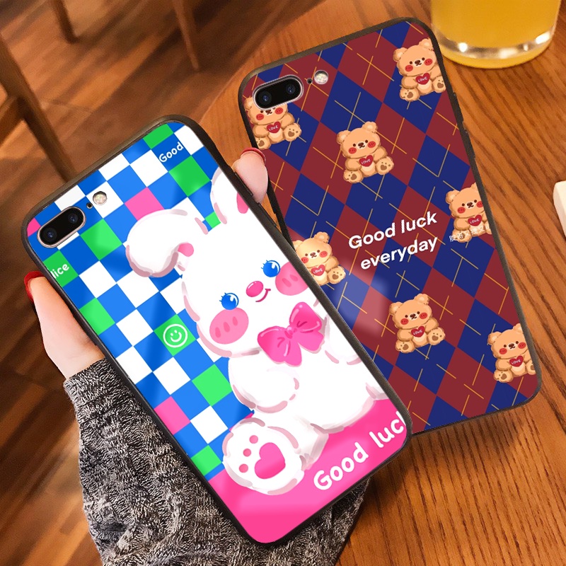 Ốp IPHONE lưng kính Gấu Thỏ Good Luck ốp lưng iphone 6s 6plus 7 plus 8 x xr xsmax 11 12 13 pro promax