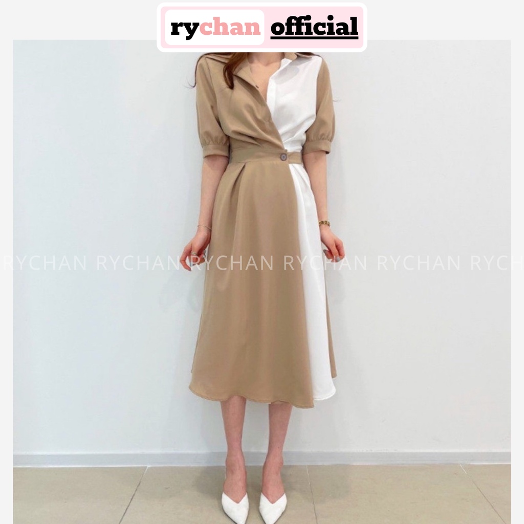 Đầm Nữ Đi Chơi Form Dài Xòe Phối Trắng Cổ Sơ Mi Thắt Eo, Đầm Nữ Dự Tiệc Cực Sang Màu Đen Kem [ẢNH THẬT CUỐI] - DX9858