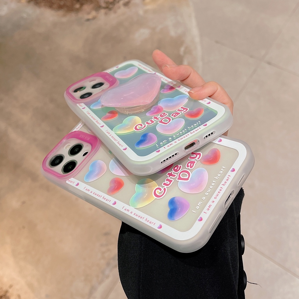 Ốp Điện Thoại Bảo Vệ Toàn Diện Chống Sốc Màu Laser Kèm Giá Đỡ Hình Trái Tim Dành Cho Iphone