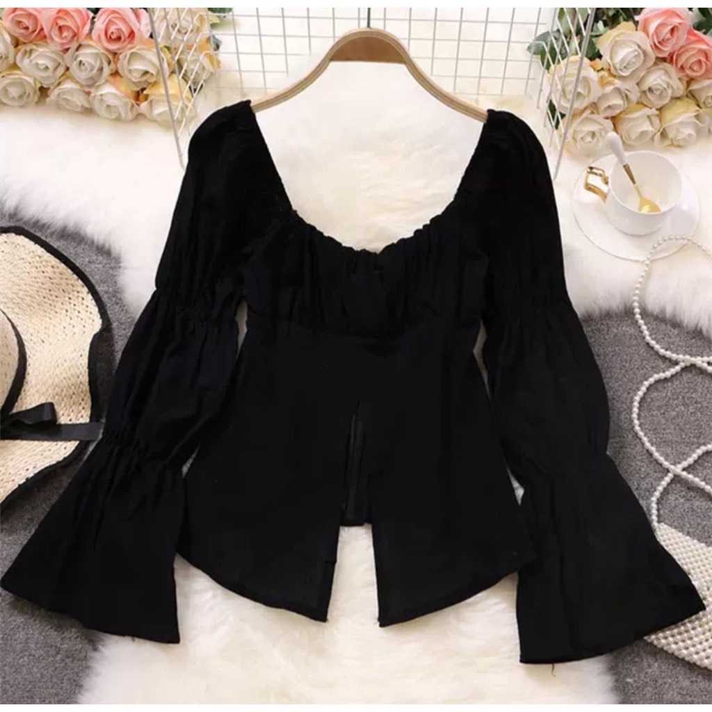Áo kiểu tay dài nữ BIGSIZE  cổ vuông xẻ tà giữa sexy chất lụa ngọc trai SAA05 -