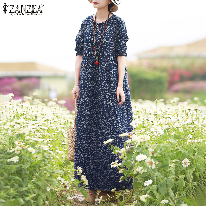 Đầm Maxi ZANZEA Tay Dài Họa Tiết Hoa Phong Cách Vintage Thời Trang Nữ