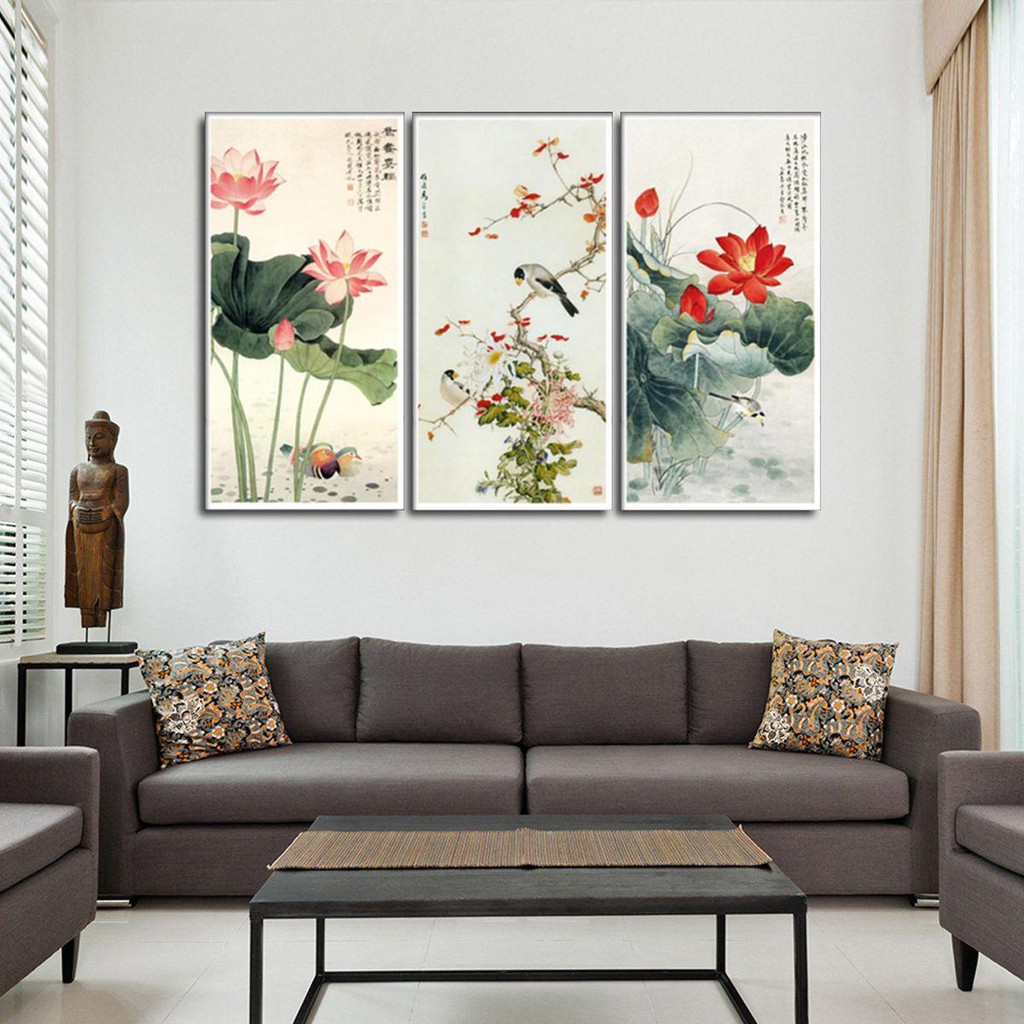 Bộ 3 Tranh Treo Tường Phong Thuỷ Hoa Sen, Liên Hoa Trước Gió ( 35 x 70cm) CV18