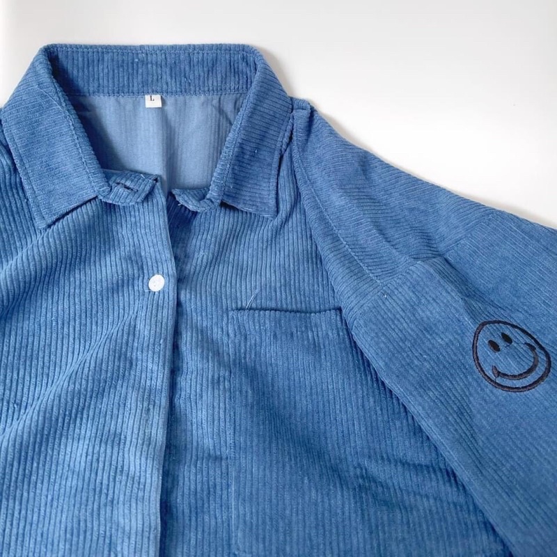 [sẵn] Áo sơ mi nhung gân Mặt cười form rộng Unisex [ Ảnh Thật ]