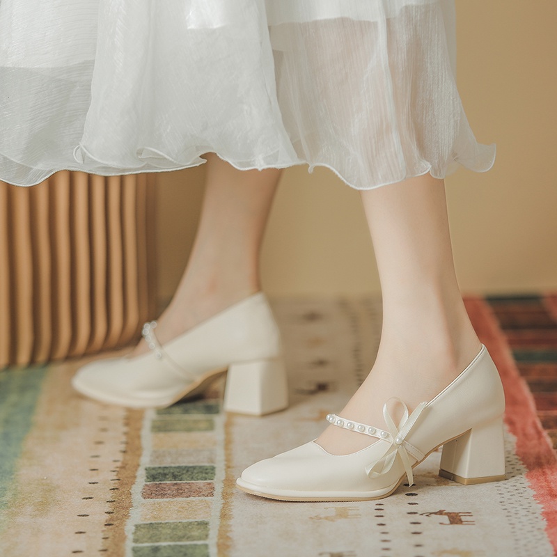 Giày Cao Gót Nữ Mary Jane Mũi Vuông Phối Nơ Ngọc Vintage - ORGD002
