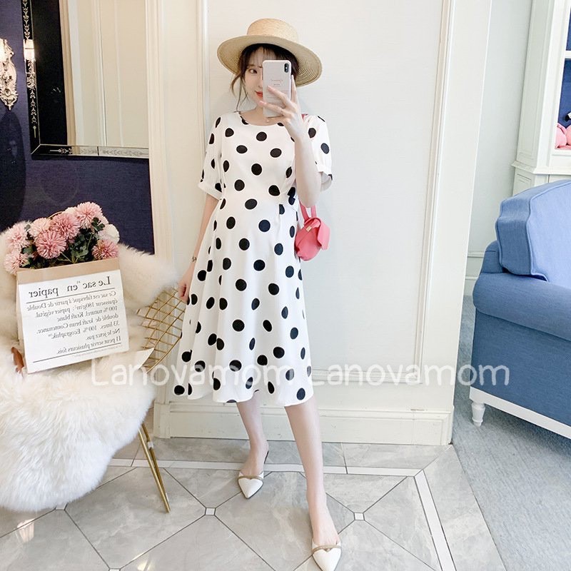 Váy bầu chấm bi thời trang có dây buộc chỉnh bụng cho mẹ bầu mặc đi làm đi chơi W116