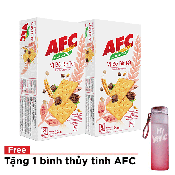 [Tặng bình đựng nước thủy tinh] Combo 2 hộp bánh AFC dinh dưỡng vị Bò Bít Tết 200g