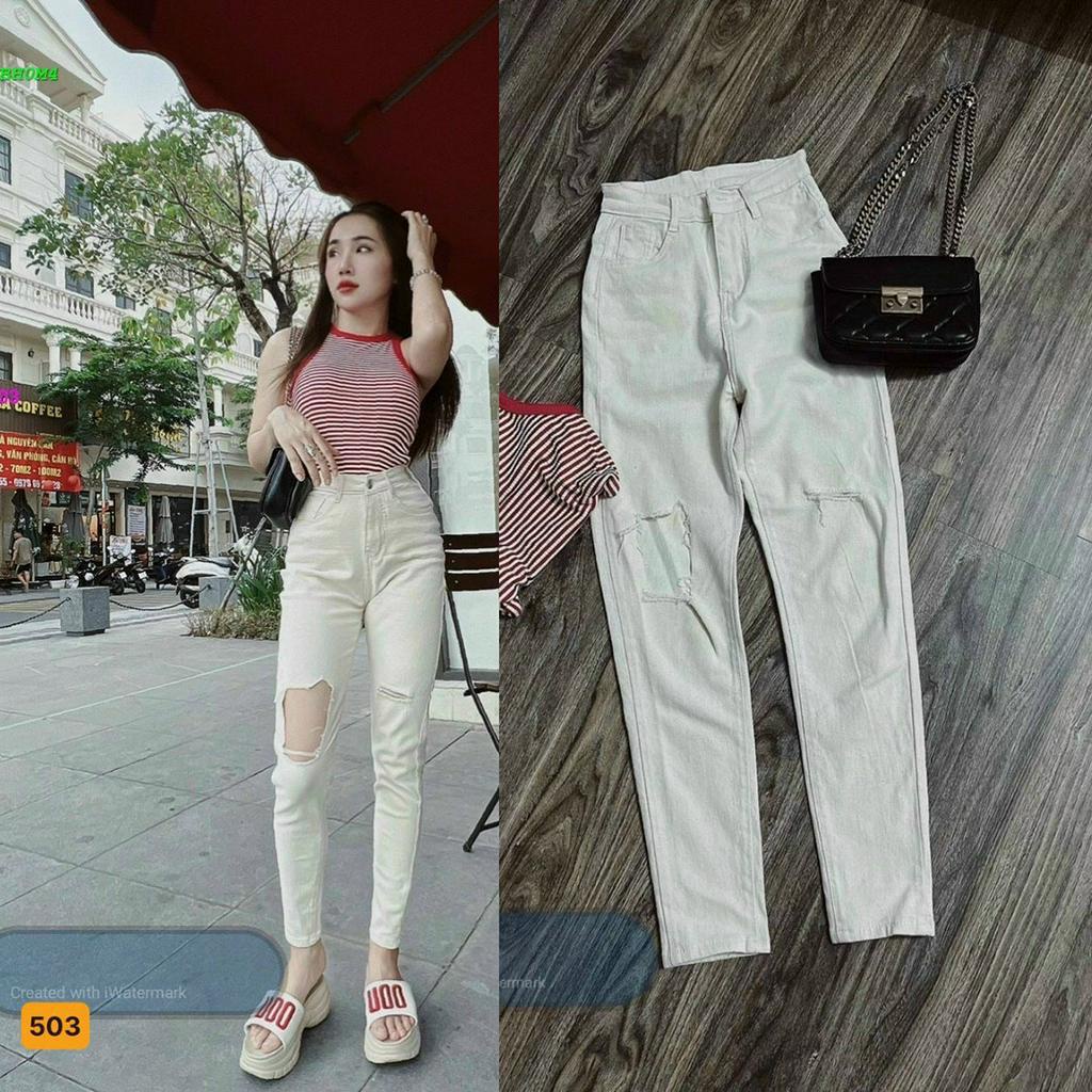 Quần jean nữ lưng cao màu trắng mặc tôn dáng vải co giãn - Skymen Fashion MS522