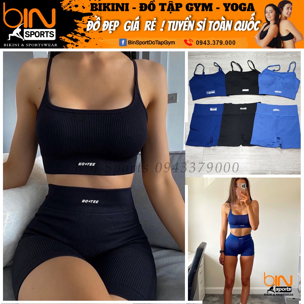 Bộ đồ tập gym yoga thể thao nữ, set quần đùi áo bra 2 dây dệt kim quảng châu cao cấp Bin Sports BN081