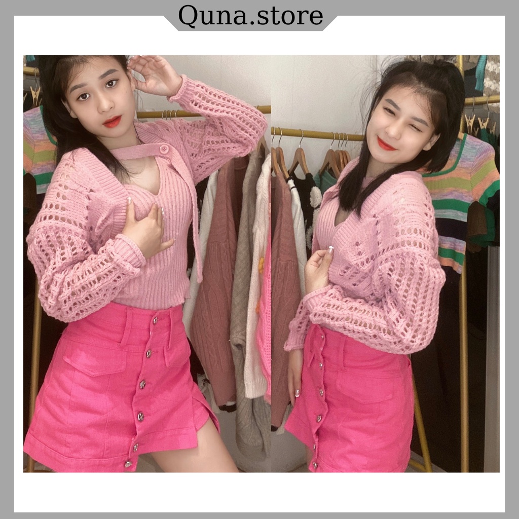 Set cardigan 2 món len lưới dây khuy Hàng QC SĐ04