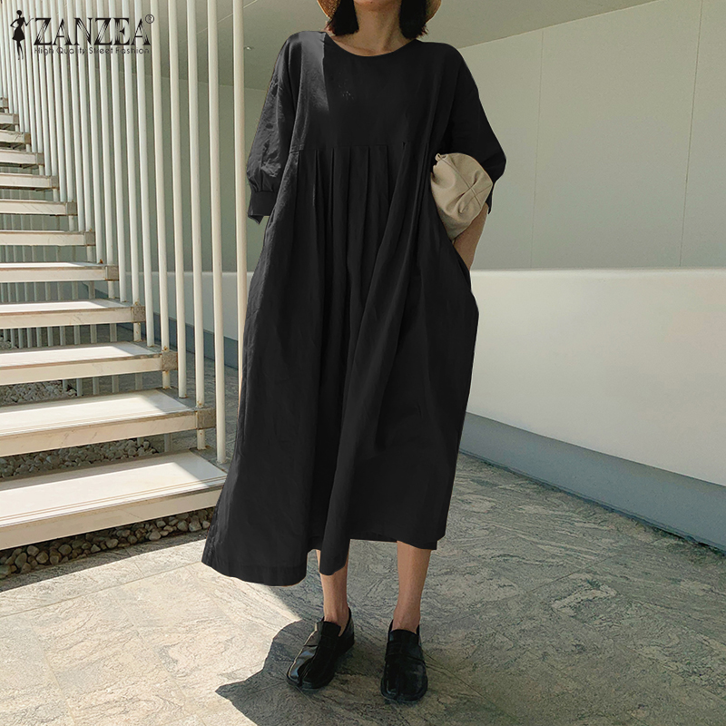 Đầm dài ZANZEA tay ngắn xếp ly màu đơn sắc giản dị cho nữ | BigBuy360 - bigbuy360.vn