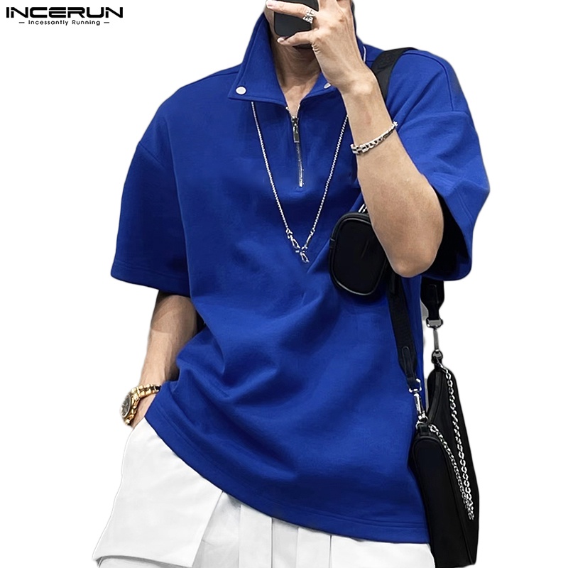 Áo thun polo INCERUN tay ngắn màu trơn dáng rộng phối khóa kéo thời trang cá tính cho nam