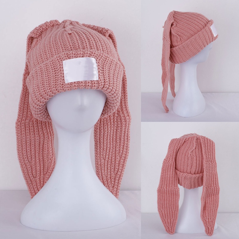 Flgo Mũ Beanie Dệt Kim Đính Tai Thỏ Dài Dễ Thương