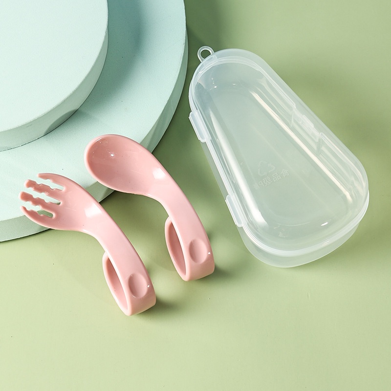 Bộ Muỗng Tập Ăn Có Tay Cầm Uốn Cong Kèm Hộp Đựng Tiện Lợi Cho Bé