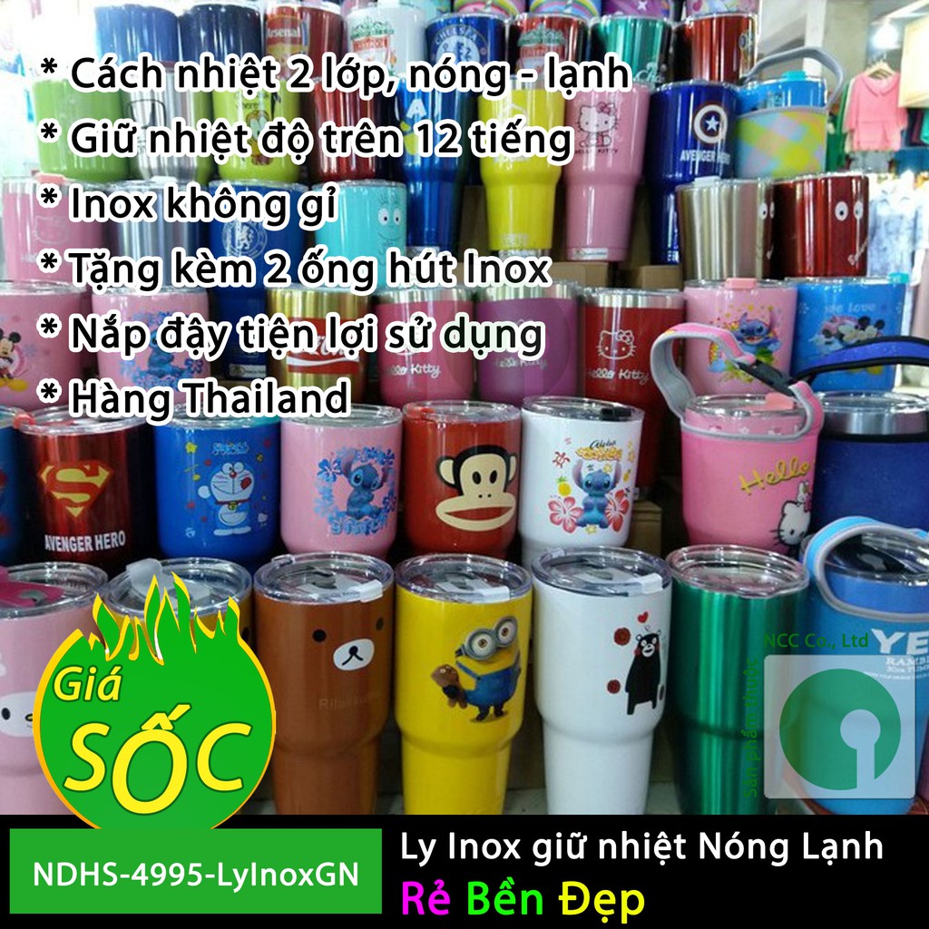 Ly giữ nhiệt 2 lớp bằng Inox không gỉ giúp giữ Nóng - Lạnh từ 6-24 tiếng - NDHS-4995-LyInoxGN (Nhiều mẫu)