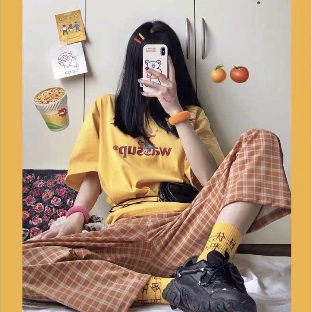 SET ÁO PHÔNG VÀNG WASS UP MIX QUẦN CARO CULLOTES KẺ CAM ULZZANG - Bộ Đồ Nữ Năng Động Hè