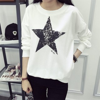 Áo Thun Sweater Nữ Vây Cá Tay Dài Trắng In Ngôi Sao DLX