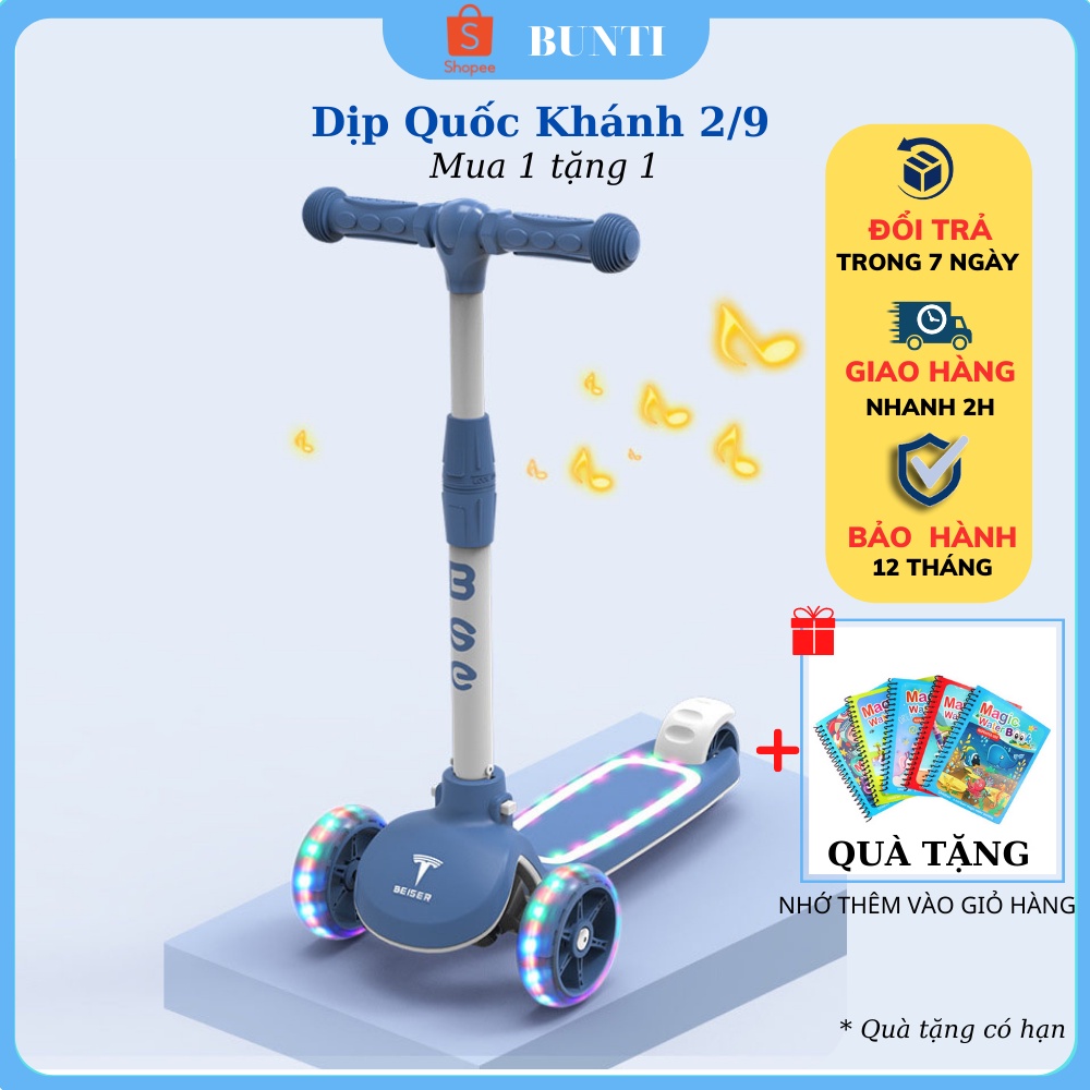Xe Trượt Scooter Cho Bé 2-10 Tuổi 3 Bánh Có Đèn LED Phát Sáng BUNTI T801