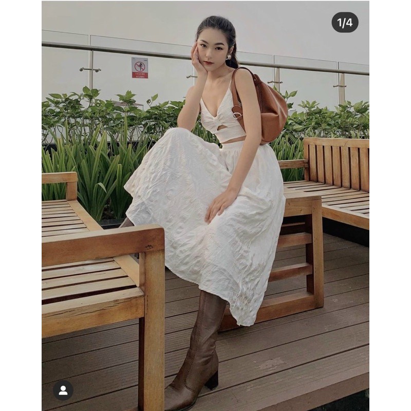 SET ÁO 2S KHOÉT NGỰC CHÂN VÁY MIDI TRẮNG🖤
