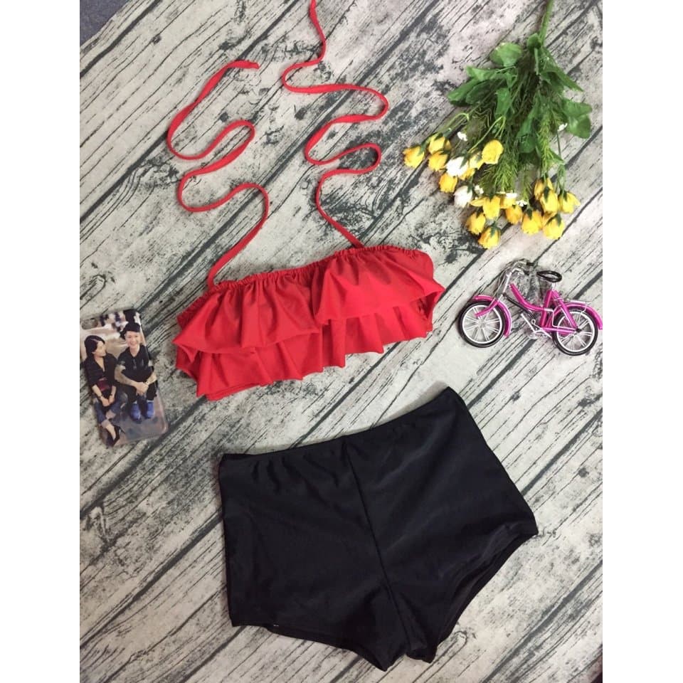 SAVVY Bikini, đồ bơi 2 mảnh nữ đi biển sexy monokini bèo 2 tầng yếm màu đỏ đen cao cấp sang chảnh