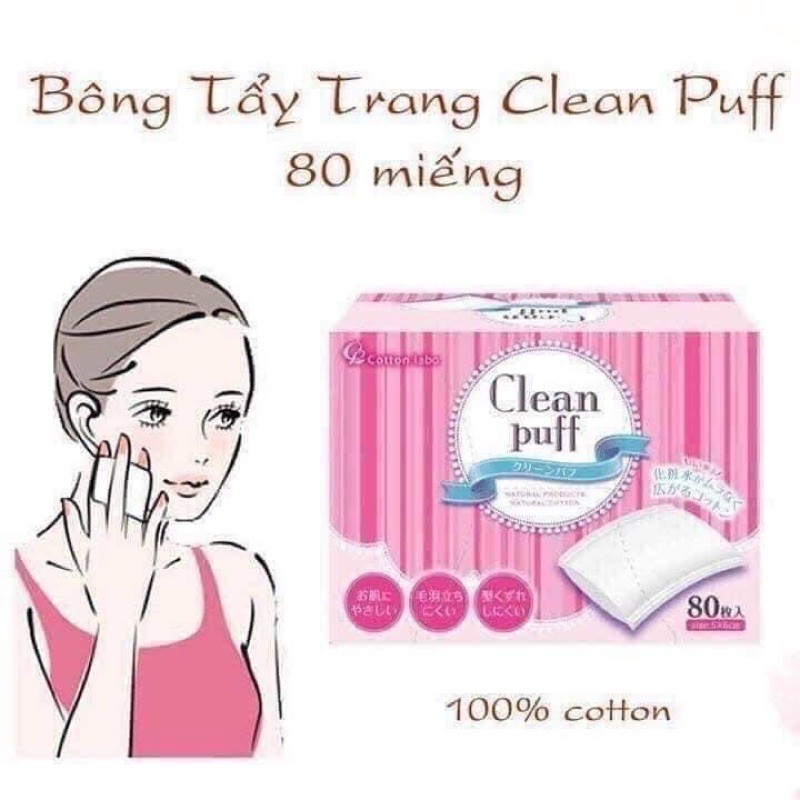 Bông tẩy trang Clean puff Nhật Bản, hộp 80 miếng, bông mềm mịn dịu nhẹ cho da nhạy cảm, không để lại xơ