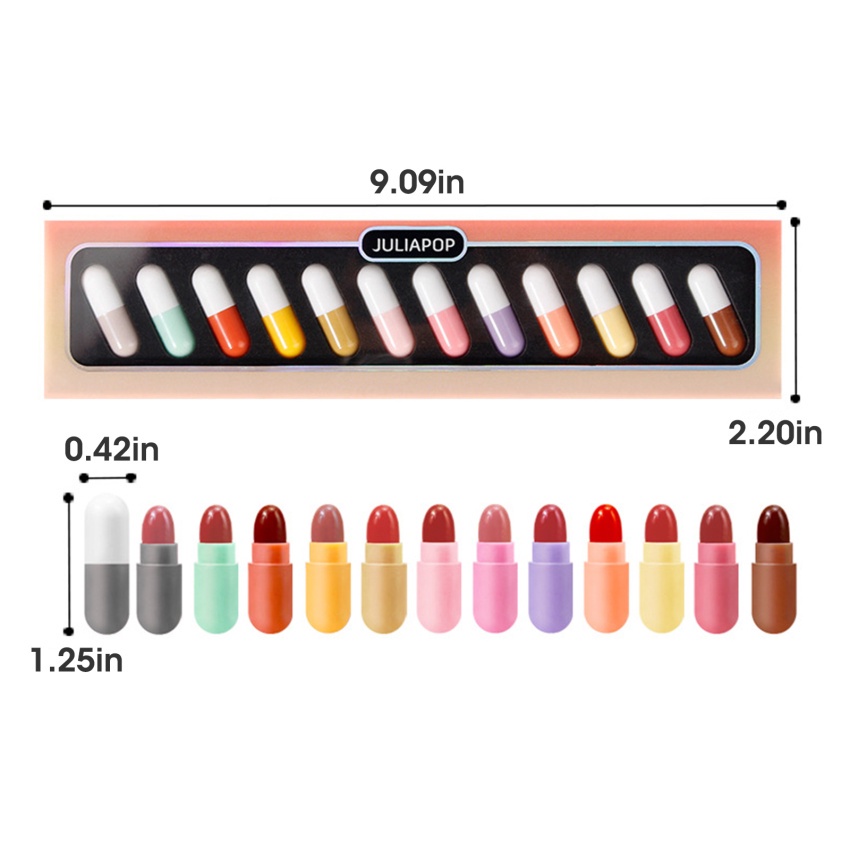 Set 12 Thỏi Son Sáp Mini Hình Viên Thuốc Con Nhộng Màu Sắc Thời Trang Không Thấm Nước Chống Dính Cốc