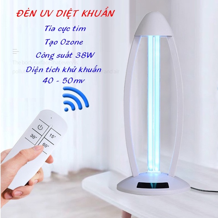 Đèn UV diệt khuẩn khử trùng bằng tia cực tím tạo ozone công suất 220V/38W, có remoss điều khiển - BH 06 tháng