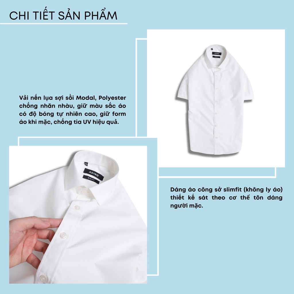 Áo sơ mi nam tay ngắn màu trắng kem ADINO vải nến lụa sợi sồi dáng slimfit công sở hơi ôm trẻ trung CT01