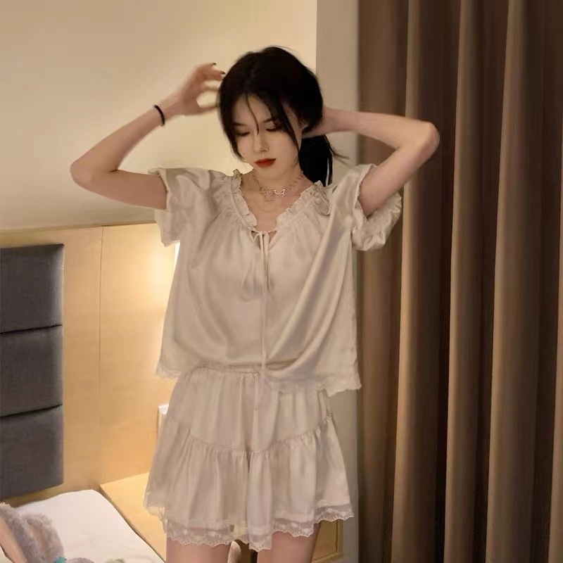【Chất Lượng Cao】Bộ Đồ Ngủ Pijama Tay Ngắn Bằng Lụa Băng Phối Ren Dành Cho Nữ