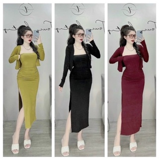 Đầm kèm áo khoác chất thun gân,áo đầm thun gân đầm body,váy hai dây,váy đầm dây