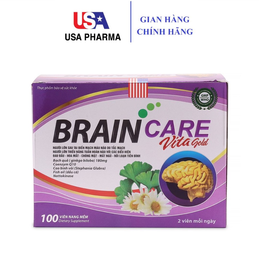 Hoạt huyết dưỡng não BRAIN CARE Ginkgo Biloba, nattokinase - 100 viên [BRAIN CARE VITA GOLD Tím]