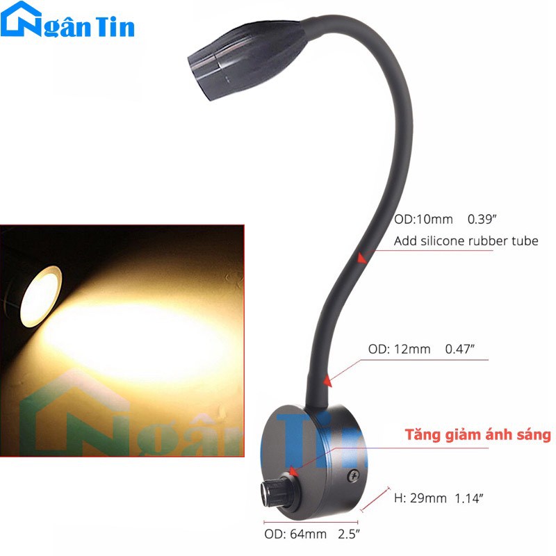 Đèn Led đọc sách chiếu tranh gắn tường phòng ngủ tăng giảm ánh sáng Led 3W RO1423A 220V Ngân Tin