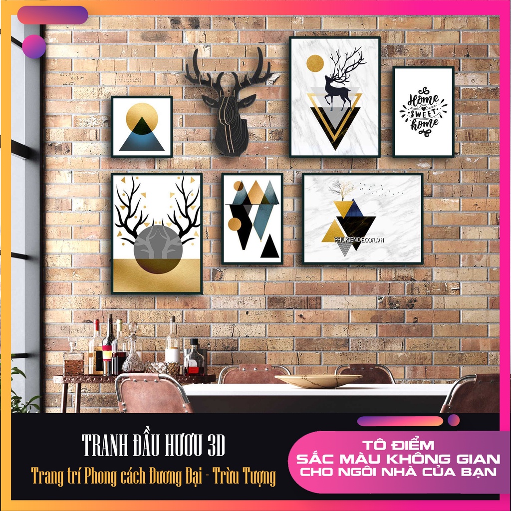 Bộ Tranh Treo Tường Đầu Hươu 3D Đương Đại, Trang Trí Phòng Khách, Phòng Ngủ - Combo Gồm 6 Bức, Có Khung Viền Gỗ