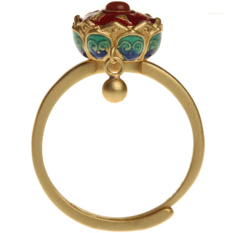 Nhẫn đeo ngón tay thiết kế mặt hoa sen tráng men xoay được phong cách Tây Tạng phật giáo cầu nguyện đem lại may mắn