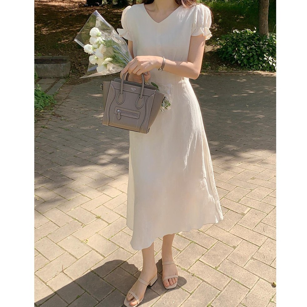 Đầm peppermint dài tay ngắn cổ chữ V chiết eo phong cách thời trang Hàn Quốc mới 44187