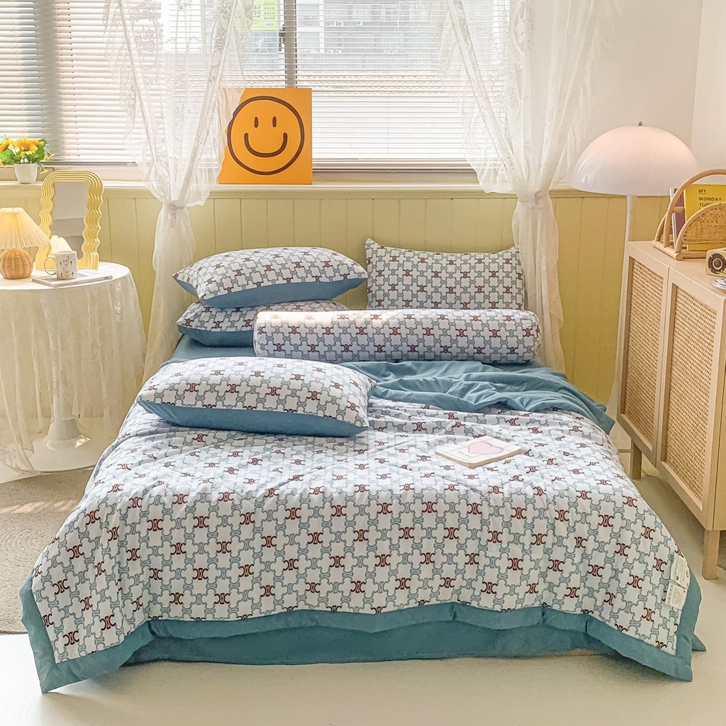 Bộ chăn ga gối Cotton Đũi 5 món kẻ caro phong cách Hàn Quốc, chăn chần nhập khẩu cao cấp miễn phí bo chun drap ga giường