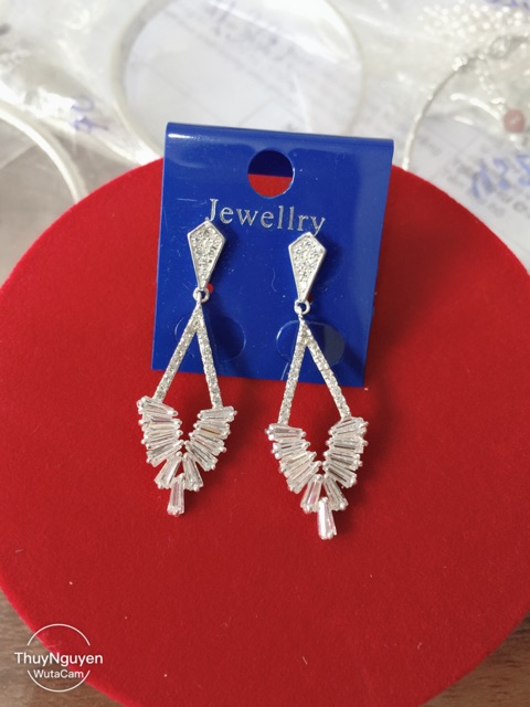 Khuyên tai treo hình rô kết đá nhân tạo siêu sáng dự tiệc bạc ta cao cấp