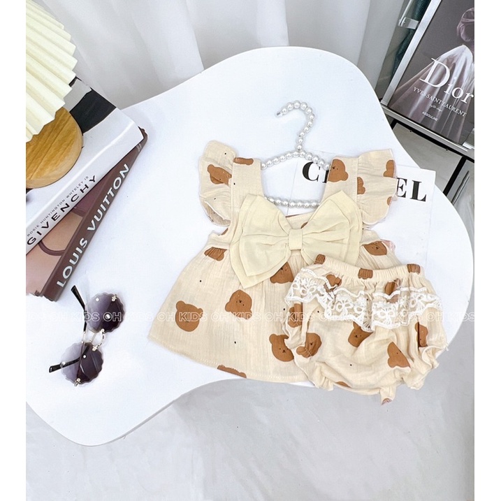 Bộ Xô Muslin nơ ngực dễ thương cho bé từ 5-13kg