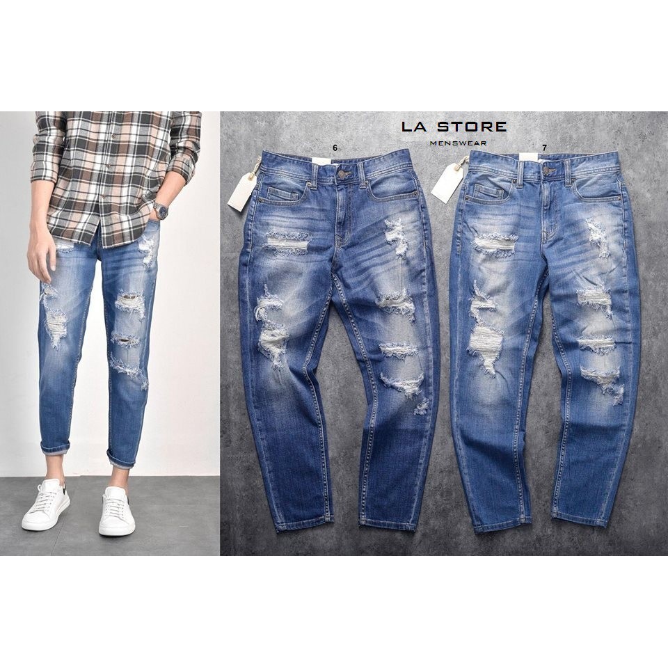 Quần jean ROUTINE sale sốc - Quần Jeans rách form lửng màu xanh đậm QJ122011