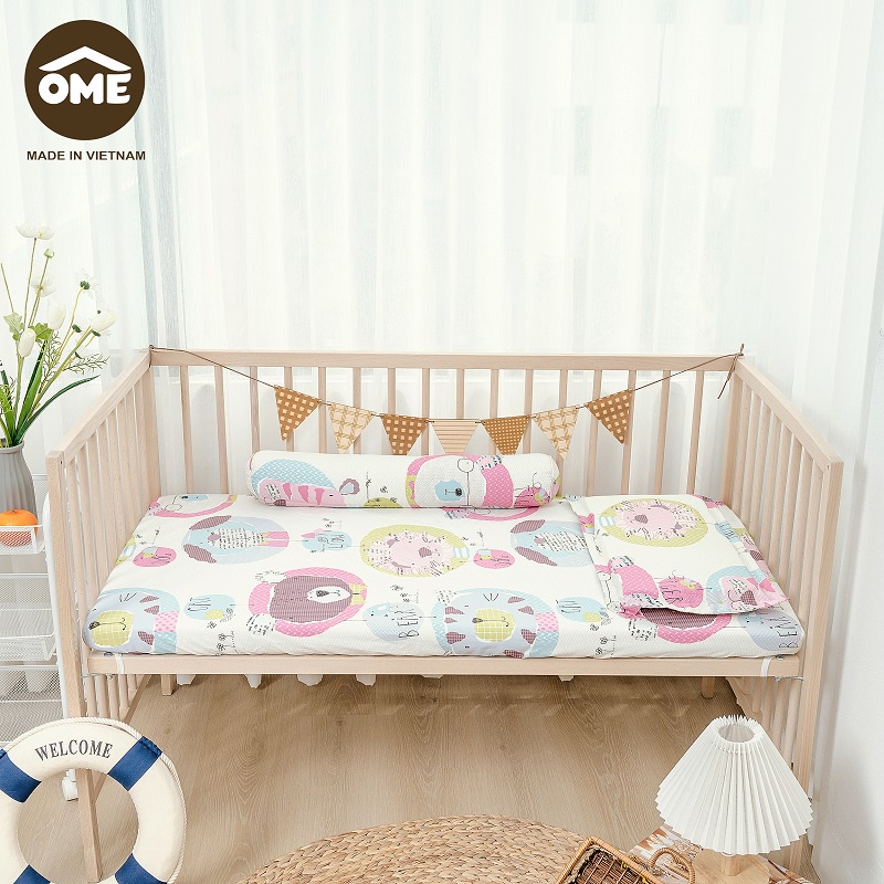 Bộ ga gối bọc đệm cũi Ôme 100% Cotton 3D Hàn Quốc phủ lụa