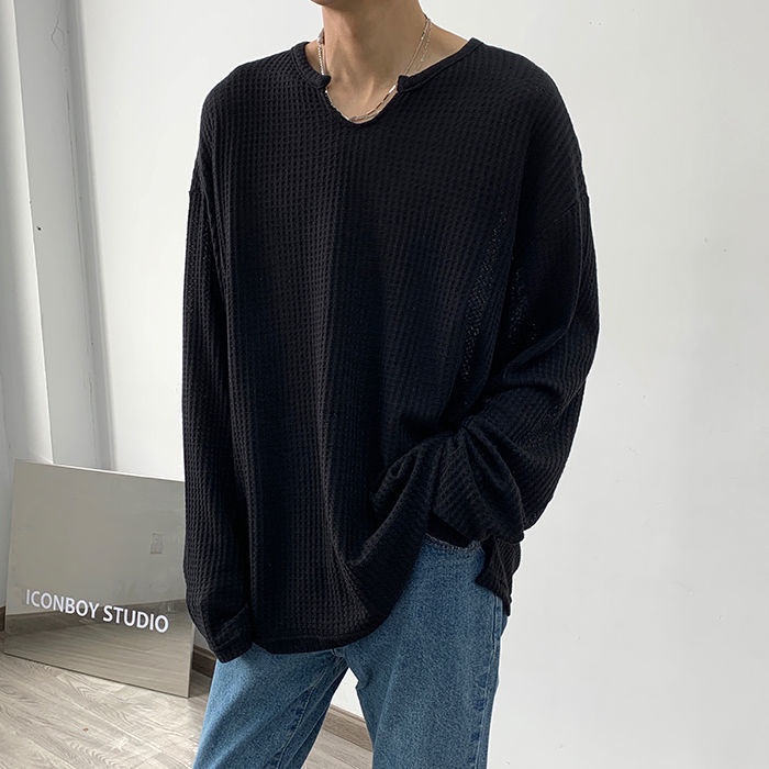 Áo Thun Tay Dài Cổ Chữ V Dáng Rộng Vải Lụa Mát Mỏng Phong Cách Hàn Quốc Trẻ Trung Cho Nam