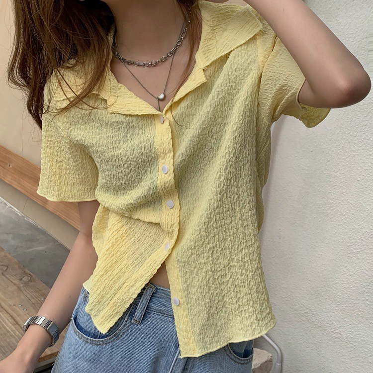 SUXI Áo sơ mi nhún nếp tay ngắn phong cách Hàn Quốc vintage thời trang cho nữ