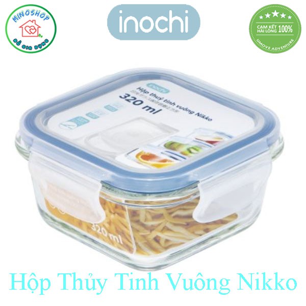 [3 Size] Hộp Đựng Thực Phẩm Thủy Tinh Vuông Nikko, Hộp Bảo Quản Thực Phẩm Vuông Inochi Cao Cấp