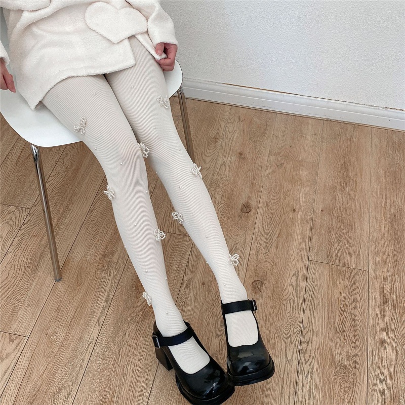 Inn Quần Tất Màu Trơn Đính Hạt Ngọc Trai Giả Có Gân Mùa Thu Phong Cách Lolita Ngọt Ngào Cho Nữ