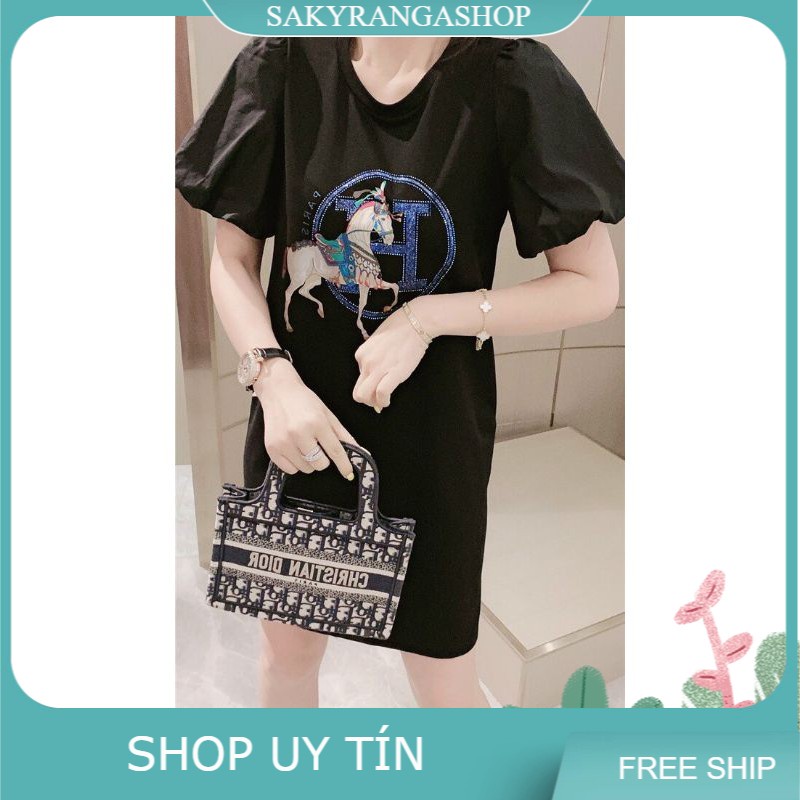 HÀNG NHẬP - ĐẦM THUN SUÔNG NGỰA ĐÍNH ĐÁ TAY PHỒNG