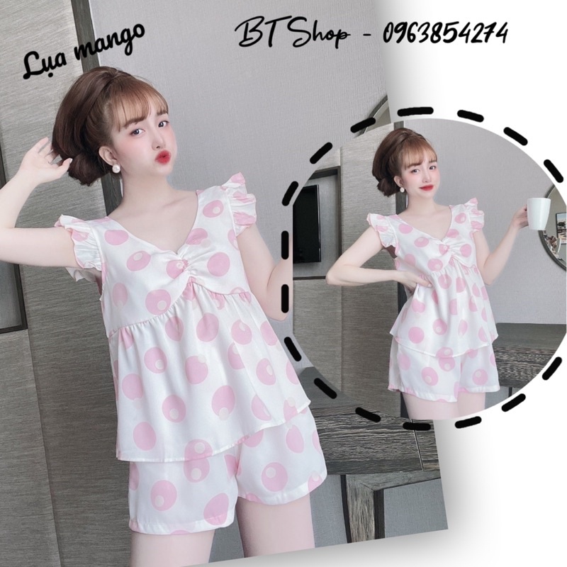 Đồ ngủ lụa mango tay cánh tiên quần đùi hoạ tiết freesize 42-57kg