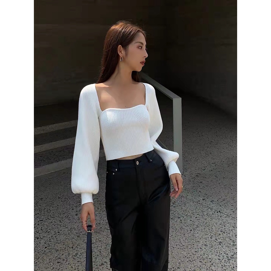 Áo Sweater Dệt Kim Tay Dài Phồng Cổ Vuông Màu Sắc Ngọt Ngào Phong Cách Hàn Quốc Cho Nữ