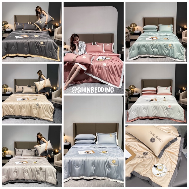 Set Chăn Ga Phi Lụa ( Nhiều Mẫu ) - Hàng Trơn Thêu Chữ ( shinbedding)
